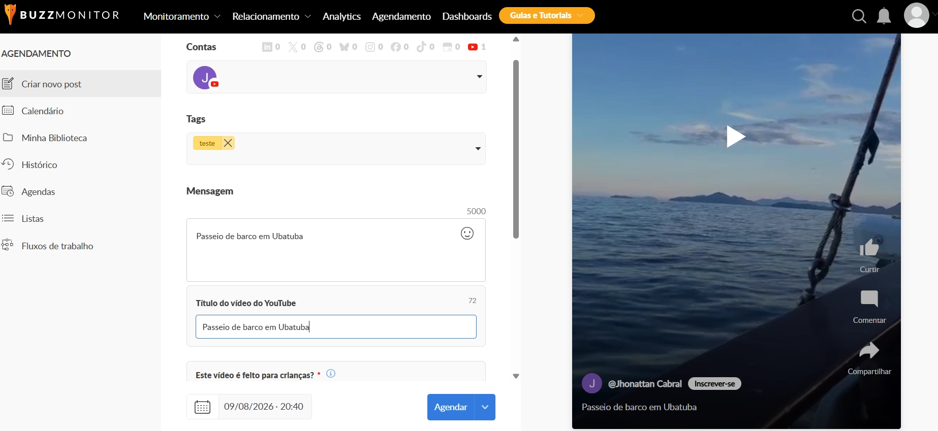 Interface do Agendamento Buzzmonitor com a nova opção de publicação de Shorts no YouTube