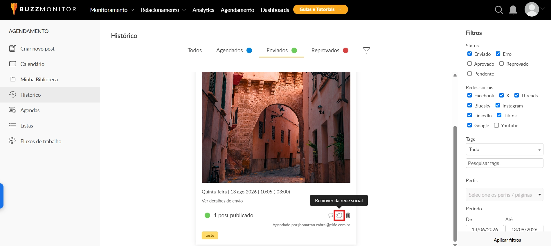 Tela do Agendamento mostrando a opção de remover publicações já postadas nas redes sociais