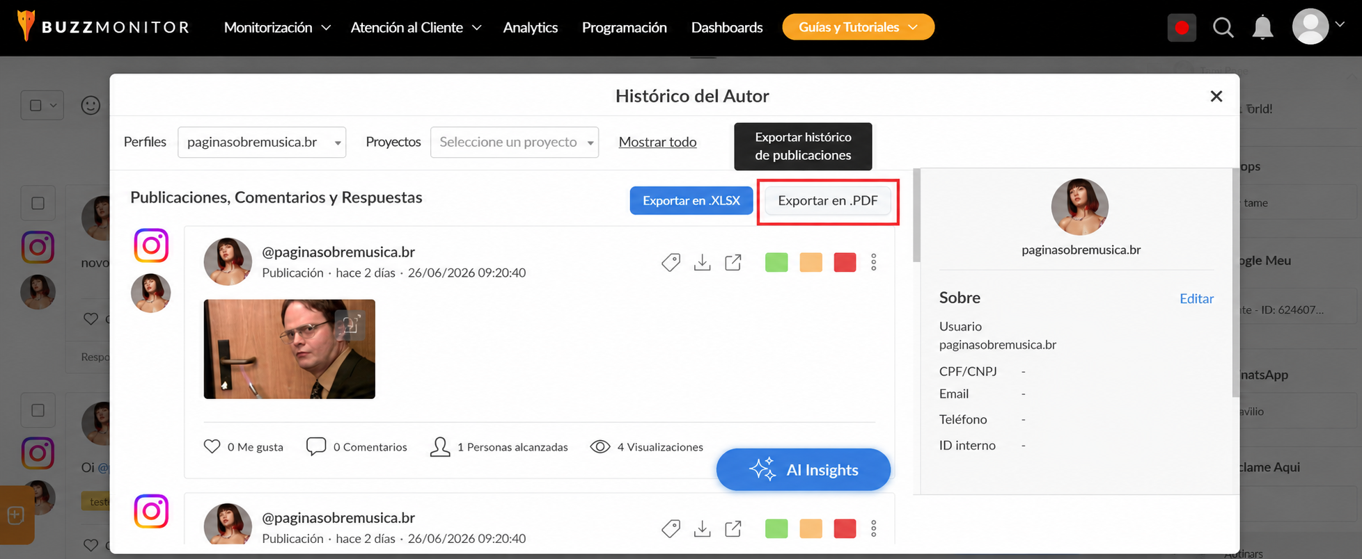 PLATAFORMA - Exportación de historial de autor en PDF