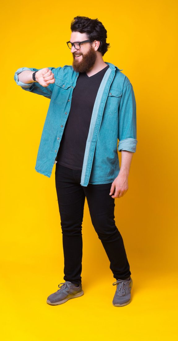 Full,Length,Happy,Bearded,Man,Looking,At,Smartwatch